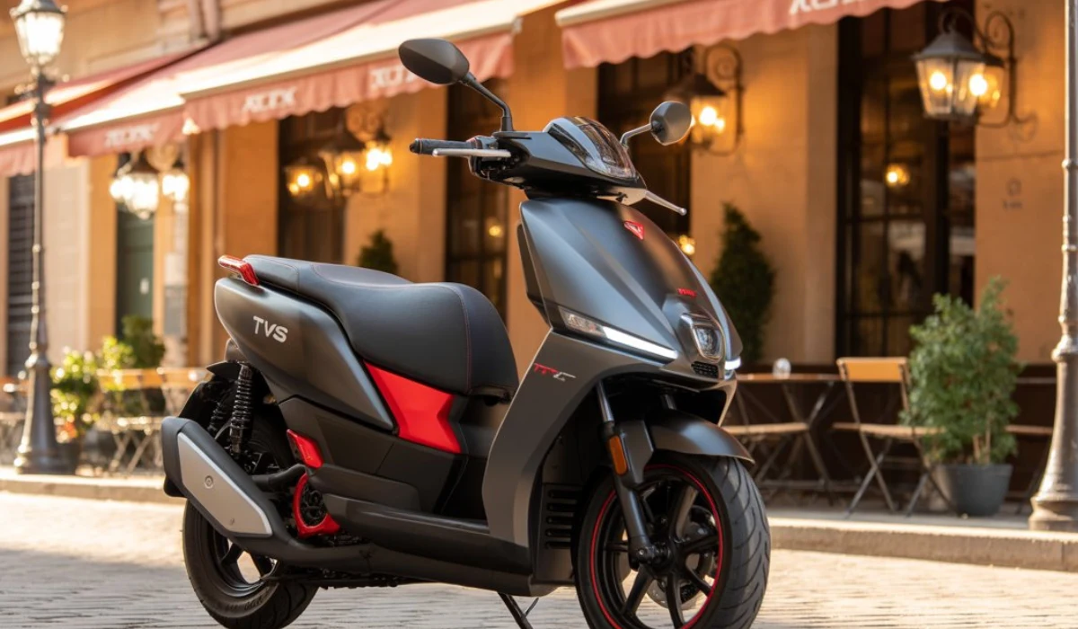 TVS Ntorq 150 side profile in red color with sporty graphics